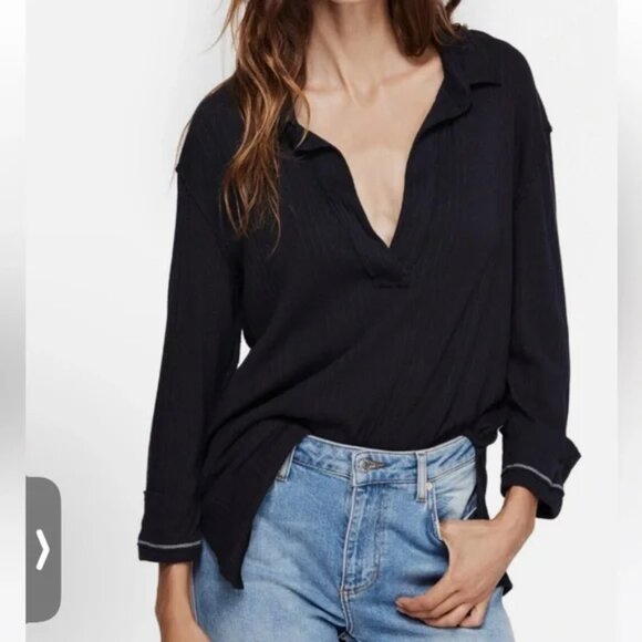 We The Free Tops - We The Free FP Annie Ribbed Collared Top Pullover Preppy Oversized size S Navy